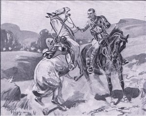 Major, marrom, 14º, hussars, segurando, liet, cavalo browns, sob, fogo pesado, ilustração, de, após, pretória, :, a, guerrilha, guerra, 1902 de J. H. Thorneley