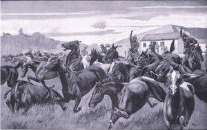Boers invadindo o Remount Depot em Braamfontein, de depois de Pretória: A guerra de guerrilha publicada pela Harmsworth Bros Limited, 1901 de J. H. Thornely