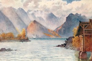 Os Alpes da Saboia a partir da zona balnear de Clarens, JHL (litografia a cores)