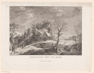 Vista de uma casa perto de uma ponte com figuras Montagne près de Rome (título no objeto) de J. Hémery