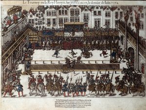 Torneio e morte de Henrique II (30 de junho de 1559): no casamento de sua filha (no atual lugar des vosges) ele lutou contra Gabriel de Montgomery, capitão de sua guarda escocesa, que o feriu com uma lança no olho. Gravura do século XVI por Pe de J. J. and Tortorel J. (fl.1568 92) Perrissin