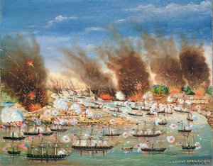 Frota de Farraguts passando por Fort Jackson e Fort St. Philip, 1862 de J. Joffray