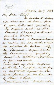 Carta assinada J.M.F. [J.M. Forbes], Boston, para Eliot [William G. Eliot], 7 de Novembro de 1863 de J. M. Forbes