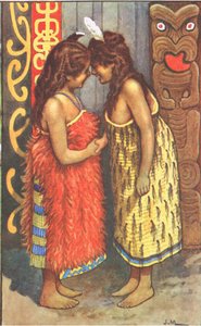 Maori girls, de cartazes escolares MacMillan, c.1950-60s (cor litho)