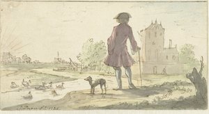 Homem com cachorro perto da água de J. Paon (signed by artist)