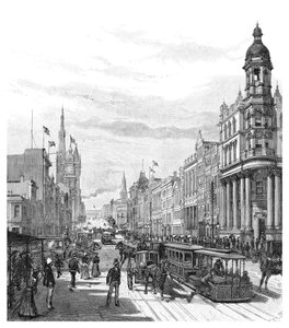 Collins Street, olhando para o leste, Melbourne, Victoria, Austrália, 1886.