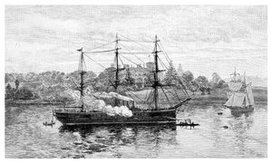 Casa do governo e HMS Nelson, Sydney, Nova Gales do Sul, Austrália, 1886.