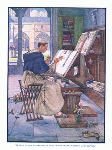 Foi nos mosteiros que os livros foram escritos e copiados, da publicação English Literature pub.by TC & EC Jack, c.1920 de J. R. Skelton