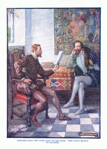 Spenser leu a primeira parte de seu livro A Rainha das Fadas para Raleigh, publicado no English Literature Pub. Por TC & EC Jack, c.1920 de J. R. Skelton