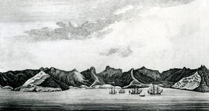 Vista da Baía de Cumberland na ilha de Juan Fernandes, c.1745 (gravura) de J. S. Mason