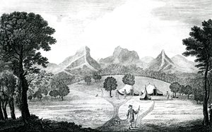 Uma vista da tenda Commodore na ilha de Juan Fernandes, c.1745 (gravura) de J. S. Mason