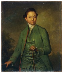 Retrato de um jovem com um casaco verde e uma bengala na mão (óleo sobre tela) de J. Schult