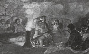 Interior de nossa cabana de inverno em Camp Clay, durante o cozimento, 1883 pub. Londres 1886