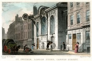 Igreja de St Swithin e a pedra de Londres, Cannon Street, cidade de Londres, c1830.