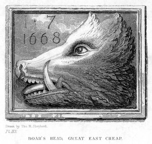 Sinal da estalagem Boars Head Tavern, Eastcheap, Londres, século XIX.