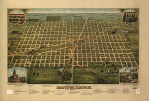 Vista aérea de Mattoon, Illinois 1884. de J. W. Shober and Carqueville Smith