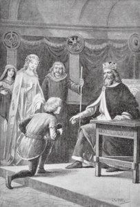 Gareth veio pedir o seu segundo favor, para ser um dos cavaleiros do rei e poder ajudar a senhora (litografia) de J. Williamson