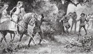 Gareth correu para os ladrões e atacou-os com tanta ousadia que eles fugiram (litografia) de J. Williamson