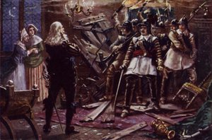 Os soldados parlamentares de Oliver Cromwell invadem a casa de um apoiante do Rei Carlos I (cor litho)