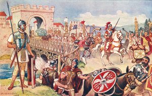 O Império Romano - uma coluna de soldados a avançar sobre uma ponte. de J. Williamson