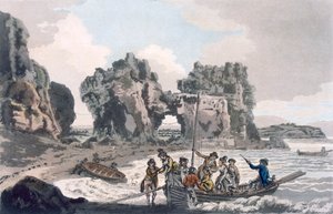 Vista da Castle Rock, do local de desembarque no Flat Holmes, de um guia pitoresco para Bath, Bristol Hot-Wells, o rio Avon e o país adjacente, publicado em 1793 (color aquatint) de J. and Ibbetson, J.C. Hassell