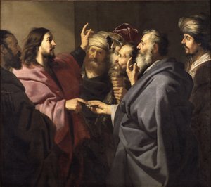 Le paiement du tribut - O dinheiro da homenagem, por Backer, Jacob Adriaensz. (1609-1651). Óleo sobre tela