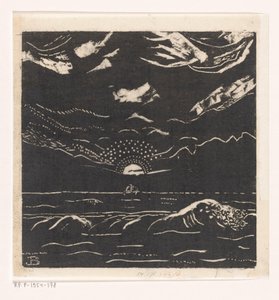 Seascape com veleiro e pôr do sol de Jacob Bendien