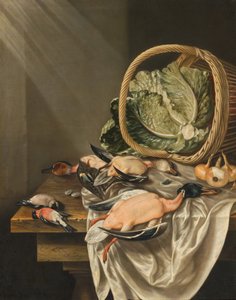 Natureza-morta de cozinha com um cesto virado de alfaces, caça e legumes de Jacob Biltius