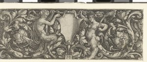 Friso com um escudo carregado por um sátiro masculino e feminino de Jacob Binck (signed by artist)