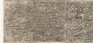 Mapa de Roma na época do Imperador Augusto (folha do meio)
Anteiquae urbis imago accuratissime ex vetusteis monumenteis formata
Effigies antiquae Romae ex vestigiis aedificiorum ruinis de Jacob Bos
