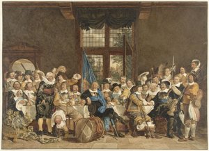 A refeição da milícia no Voetboogdoelen em Amsterdã em comemoração à conclusão da paz de Munster, 18 de junho de 1648