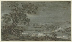 Paisagem montanhosa com curva do rio Aen den Rijn (título no objeto) de Jacob Colijn