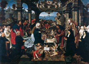 Neerlandês: A Natividade com Margriet Dirck Boelensdr. e a sua família, Santo André e Santa Margarida A Natividade