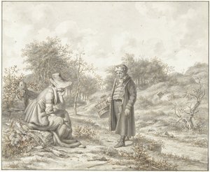 Paisagem montanhosa com mulher sentada e homem de pé com cesta de Jacob Ernst Marcus