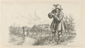 Homem encostado em uma vara e uma mulher com uma criança em uma estrada rural Impressões de estudo / Etudes gravées (título da série) de Jacob Ernst Marcus