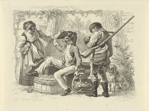 Soldado com vidro elevado entre uma mulher e um caçador
Trabalho de impressão de estudos / Etudes gravées (título da série) de Jacob Ernst Marcus