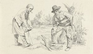 Folha de estudo com um coletor de madeira e um homem com uma serra Impressões de estudo / Etudes gravées (título da série) de Jacob Ernst Marcus