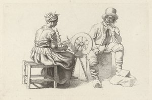 Folha de estudo com uma mulher em uma roda de fiar e um homem sentado Impressões de estudo / Etudes gravées (título da série) de Jacob Ernst Marcus
