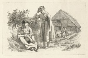 Duas mulheres e um homem com crianças na frente de um celeiro Impressões de estudo / Etudes gravées (título da série) de Jacob Ernst Marcus