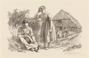 Duas mulheres e um homem com crianças na frente de um celeiro Impressões de estudo / Etudes gravées (título da série) de Jacob Ernst Marcus