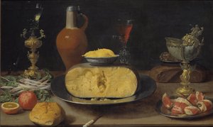 Nature morte de petit dejeuner avec fromage et verres a pied - Breakfast Still Life with Cheese and Goblet, de Van Es, Jacob Foppens (ca 1596-1666). Óleo sobre madeira. Dimensão : 50x84 cm. Nationalmuseum Estocolmo