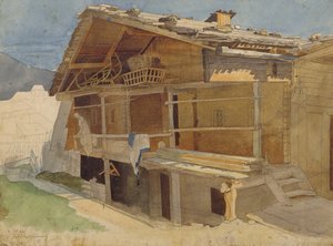 Farmhouse Under Construction, 1829 (caneta e tinta e wc no papel) de Jacob Gensler