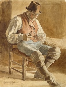 Pescador consertando uma rede, 1834 (lápis e wc no papel) de Jacob Gensler