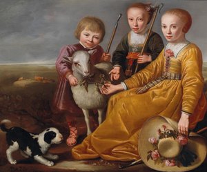 Três crianças com uma cabra e um cachorrinho em uma paisagem, 1639.