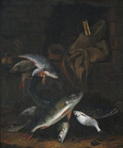 Natureza morta de peixe com lúcio e dourada numa parede de Jacob Gillig