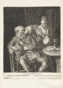 Mulher e homem com um jarro de vinho Tout Autre Chose (título no objeto)