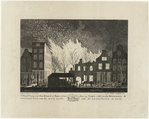 Incêndio na cervejaria De Twee Leeuwen em Rotterdam, 1782 Foto de den Brand em Rotterdam em 19 de março de 1782 no Brouwery de Twee Leeuwen do lado oeste de Leuvehaven (título no objeto) de Jacob Groenendijk