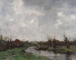 Uma paisagem do rio com casas de fazenda, final da década de 1870 de Jacob Henricus or Hendricus Maris