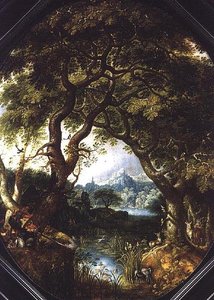 Uma paisagem arborizada com caçadores por um córrego