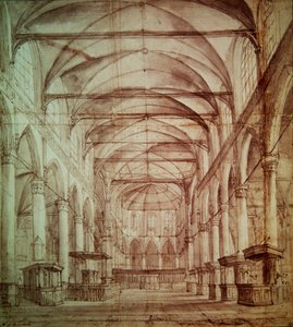 Vista interior do Oude Kerk (a antiga igreja) em Amesterdão (grafite e tinta indiana sobre papel) de Jacob van Ruisdael